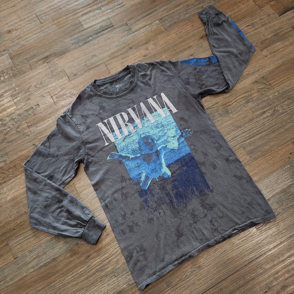 Nirvana NEVERMIND Adult Small‎ Gray Acid Wash Tie-Dye Long Sleeve Swimming Baby